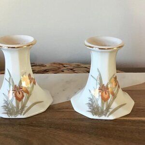 Candlesticks Vintage Japanese‎ Orange Iris Flowers Gold Gilt Cream Cottagecore